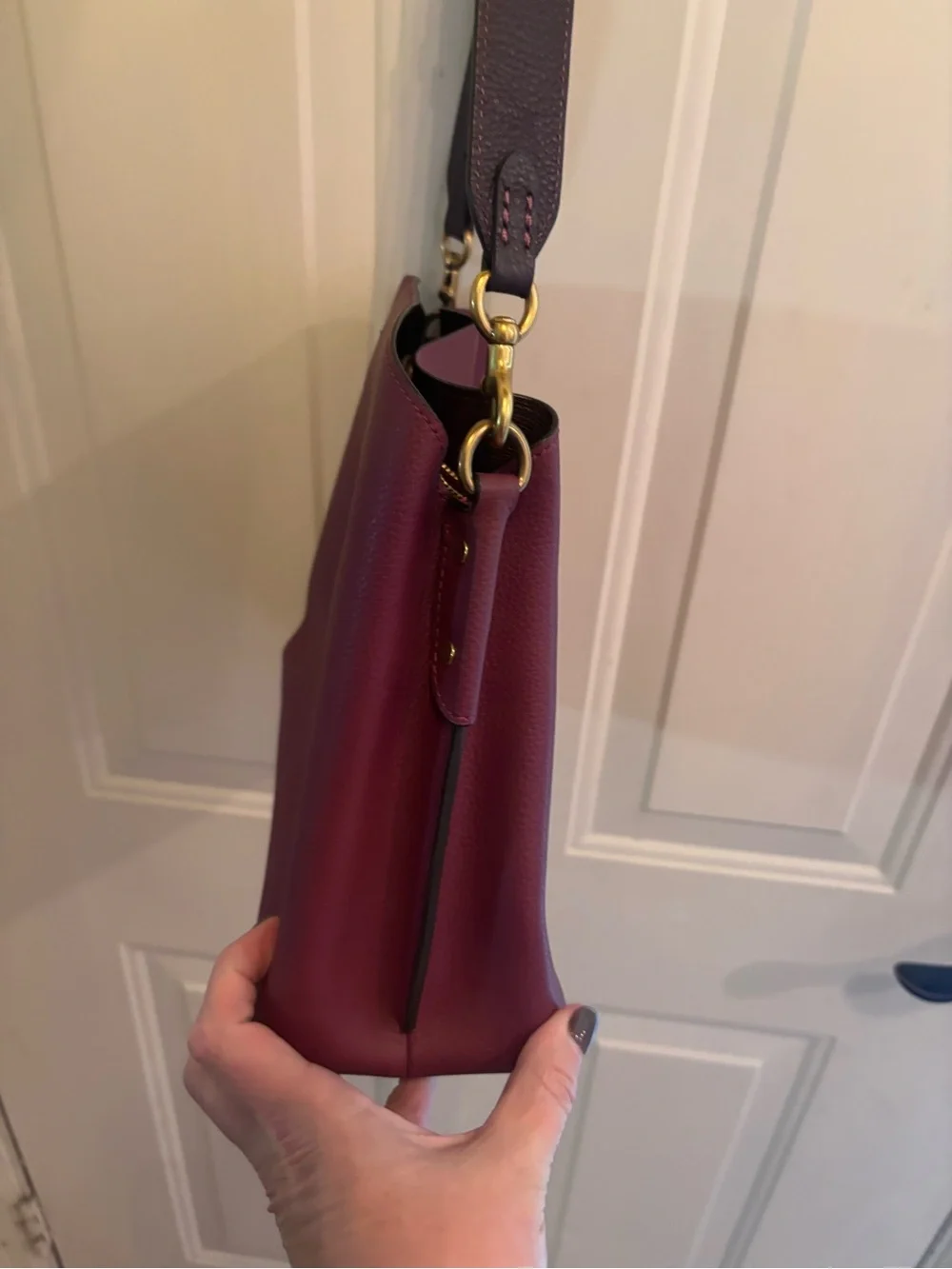Coach Pebble Leather Willow Crossbody Bag in Burgundy - with Brown Leather Strap
